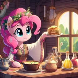 Size: 1024x1024 | Tagged: safe, imported from derpibooru, pinkie pie, anthro, ai content, ai generated, blini, food, pancakes, shrovetide, slavic, solo