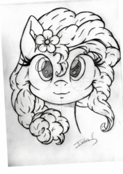 Size: 906x1280 | Tagged: safe, artist:memprices, imported from derpibooru, pear butter, earth pony, pony, animated, bangs, blushing, bust, colored, curly mane, female, flower, flower in hair, front view, looking at you, mare, pencil drawing, ponytail, portrait, simple background, smiling, smiling at you, solo, song in the description, sound, speedpaint, time-lapse, traditional art, webm, white background, you're in my head like a catchy song