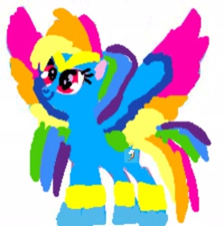 Size: 2029x2048 | Tagged: artist needed, safe, imported from derpibooru, rainbow dash, pegasus, pony, leak, 1000 hours in ms paint, base used, colored wings, crown, cutie mark, decoration, female, g5, g5 concept leaks, generation leap, hooves, jewelry, rainbow dash (g5 concept leak), regalia, remake, simple background, smiling, spread wings, standing, white background, wings