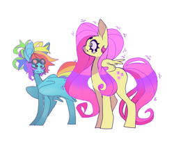 Size: 1157x976 | Tagged: safe, artist:cutesykill, artist:kkillpony, imported from derpibooru, fluttershy, rainbow dash, pegasus, pony, alternate color palette, alternate hairstyle, beanbrows, big ears, blue coat, colored eyebrows, colored muzzle, colored pinnae, duo, duo female, emanata, eyebrows, female, frown, goggles, goggles on head, hair bun, height difference, long legs, long mane, long tail, looking at someone, mare, multicolored hair, multicolored mane, multicolored tail, narrowed eyes, nervous, partially open wings, pink eyes, pink mane, pink tail, profile, rainbow hair, rainbow tail, scared, simple background, small wings, smoldash, tail, tallershy, teardrop, teary eyes, thick eyelashes, wavy mane, wavy tail, white background, wide eyes, wingding eyes, wings, yellow coat