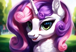 Size: 1216x832 | Tagged: safe, imported from ponybooru, sweetie belle, pony, unicorn, ai content, ai generated, bust, ear fluff, ears, female, fluffy, generator:pony diffusion v6 xl, mare, neck fluff, older, older sweetie belle, open mouth, smiling, solo