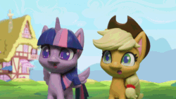 Size: 800x450 | Tagged: safe, edit, edited screencap, editor:undeadponysoldier, imported from ponybooru, screencap, applejack, twilight sparkle, alicorn, earth pony, pony, fashion failure, my little pony: pony life, my little pony: stop motion short, animated, clapping, cute, edited gif, female, happy, jackabetes, looped, mare, perfect loop, stop motion, twiabetes, twilight sparkle (alicorn)