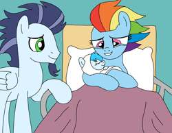 Size: 930x720 | Tagged: safe, artist:dasher666, imported from ponybooru, rainbow dash, soarin', oc, oc:river, pegasus, pony, the last problem, baby, bed, crying, female, filly, foal, hospital, hospital bed, male, mare, newborn, offspring, older, older rainbow dash, older soarin', older soarindash, parent:rainbow dash, parent:soarin', parents:soarindash, shipping, soarindash, stallion, straight, tears of joy, teary eyes