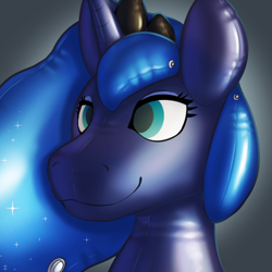 Size: 500x500 | Tagged: safe, artist:posexe, imported from twibooru, princess luna, inflatable pony, pony, pooltoy pony, air valve, bust, female, gray background, image, inflatable, mare, png, portrait, seams, simple background, smiling, solo