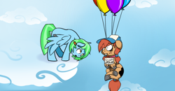 Size: 816x425 | Tagged: source needed, safe, artist:pippy, imported from twibooru, oc, oc only, oc:jade meteor, oc:pippy smudgebutt, pegasus, pony, balloon, cloud, duo, floating, image, looking at something, oc x oc, png, scared, shipping, spread wings, tumblr, wings