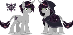 Size: 4000x1951 | Tagged: safe, artist:heilos, idw, imported from ponybooru, shadow lock, pony, unicorn, alternate design, alternate universe, bag, cloak, clothes, context in description, cutie mark, hood, idw showified, leonine tail, male, reference, saddle bag, simple background, solo, stallion, transparent background, vector