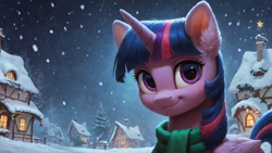 Size: 1920x1080 | Tagged: safe, imported from derpibooru, twilight sparkle, alicorn, pony, ai content, ai generated, christmas, clothes, ear fluff, generator:pony diffusion v6 xl, generator:stable diffusion, holiday, looking at you, ponyville, prompter:truekry, scarf, snow, snowfall, twilight sparkle (alicorn), wallpaper, winter