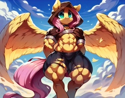 Size: 2048x1600 | Tagged: safe, imported from derpibooru, fluttershy, pegasus, pony, semi-anthro, abs, ai content, ai generated, bipedal, buff, choker, clothes, cloud, female, generator:purplesmart.ai, generator:stable diffusion, hooves behind back, muscles, muscular female, outdoors, overdeveloped muscles, prompter:enterusxrname, skirt, solo, spread wings, torn clothes, wings