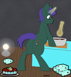 Size: 1280x1400 | Tagged: safe, artist:xada, imported from derpibooru, oc, oc only, oc:harmonious percussion, pony, unicorn, bipedal, bipedal leaning, cake, chocolate, cooking, cooking pot, food, green eyes, horn, lamp, leaning, magic, purple mane, purple tail, rimworld, solo, spoon, stone wall, table, tail, telekinesis, unicorn oc, wooden floor