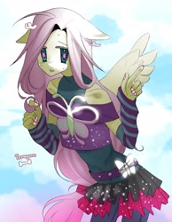 Size: 1241x1600 | Tagged: source needed, safe, artist:torugann, imported from derpibooru, fluttershy, butterfly, human, dance magic, equestria girls, spoiler:eqg specials, beads of sweat, belt, belt buckle, butterfly belt buckle, clothes, cloud, denim, dress, evening gloves, fingerless elbow gloves, fingerless gloves, floppy ears, gloves, humanized, jeans, long gloves, manicure, pants, skirt, sky, solo, spread wings, sweat, text, wingding eyes, wings