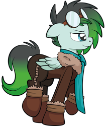 Size: 1280x1449 | Tagged: safe, artist:alexdti, imported from derpibooru, oc, oc:gryph xander, pegasus, pony, bomber jacket, clothes, goggles, jacket, male, pants, scarf, simple background, solo, stallion, transparent background