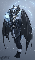 Size: 2800x4800 | Tagged: safe, artist:stardustspix, imported from derpibooru, oc, oc only, oc:comet coma, anthro, bat pony, pony, unguligrade anthro, bat pony oc, bat wings, boots, clothes, colored eyelashes, ear fluff, eyebrows, eyebrows visible through hair, fangs, high res, magic, male, scarf, shoes, snow, snowfall, solo, stallion, wings, winter outfit