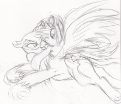 Size: 2288x1960 | Tagged: safe, artist:enigmaticfrustration, imported from derpibooru, dj pon-3, gilda, vinyl scratch, griffon, unicorn, flying, glasses, horn, monochrome, sketch