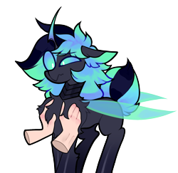 Size: 1490x1448 | Tagged: safe, artist:minty--fresh, imported from derpibooru, oc, oc:minty fresh, changeling, human, pony, changeling oc, chest fluff, confused, disembodied hand, grope, hand, multicolored hair, simple background, transparent background