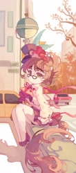 Size: 1799x4096 | Tagged: safe, artist:saxopi, imported from derpibooru, writing desk, earth pony, semi-anthro, arm hooves, butt, car, city, clothes, cravat, eyebrows, female, glasses, hat, high res, long tail, looking at you, mare, panties, panty shot, plot, skirt, solo, tail, top hat, underwear