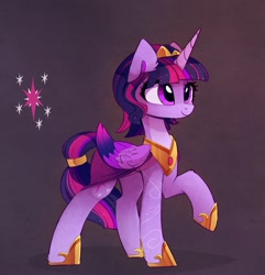 Size: 1677x1740 | Tagged: safe, alternate version, artist:magnaluna, imported from derpibooru, twilight sparkle, alicorn, pony, alternate hairstyle, crown, female, folded wings, hoof shoes, horn, jewelry, mare, peytral, princess shoes, raised hoof, regalia, smiling, solo, twilight sparkle (alicorn), wings