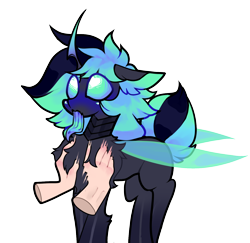 Size: 1490x1448 | Tagged: safe, artist:minty--fresh, imported from derpibooru, oc, oc:minty fresh, changeling, human, pony, blue blush, blushing, changeling oc, chest fluff, crossed legs, disembodied hand, grope, hand, hypnosis, hypnotized, multicolored hair, simple background, tongue out, transparent background