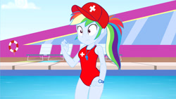 Size: 1920x1080 | Tagged: safe, artist:mlpfan3991, imported from derpibooru, rainbow dash, human, equestria girls, equestria girls series, spring breakdown, spoiler:eqg series (season 2), cap, chair, clothes, female, hat, life preserver, lifeguard, lifeguard dash, one-piece swimsuit, ponytail, rainbow dashs coaching whistle, red swimsuit, solo, speedo, swimming pool, swimsuit, whistle