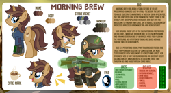 Size: 1500x819 | Tagged: safe, artist:jennieoo, imported from derpibooru, oc, oc:morning brew, pony, unicorn, fallout equestria, angry, armor, bio, butt, clothes, crying, cutie mark, dislikes, eye, eyes, gun, happy, horn, jumpsuit, likes, looking at you, looking back, magic, magic aura, pipbuck, plot, reference sheet, show accurate, smiling, smiling at you, solo, telekinesis, vault suit, vector, weapon