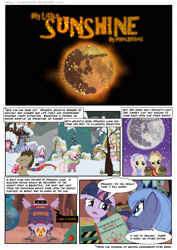 Size: 1273x1800 | Tagged: safe, artist:pixelkitties, imported from derpibooru, applejack, cheerilee, doctor whooves, fluttershy, princess luna, time turner, twilight sparkle, alicorn, earth pony, pegasus, pony, unicorn, comic:my little sunshine, apple, clothes, comic, earmuffs, female, food, horn, male, mare, moon, nuclear weapon, s1 luna, scarf, snow, stallion, weapon