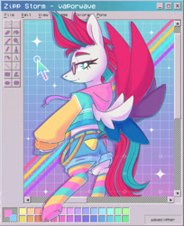 Size: 1589x1944 | Tagged: safe, artist:wavecipher, imported from derpibooru, zipp storm, pegasus, pony, belt, blue eyes, clothes, color palette, colored hooves, colored wings, colored wingtips, denim, denim shorts, female, flying, g5, glasses, grid, hoodie, jacket, lidded eyes, long sleeves, long socks, looking back, mare, mohawk, mouse cursor, multicolored wings, pink mane, pink tail, profile, round glasses, shiny hoof, shorts, signature, smiling, socks, solo, sparkles, spread wings, striped socks, tail, thick eyelashes, two toned mane, two toned tail, underhoof, vaporwave, webcore, white coat, wingding eyes, wings