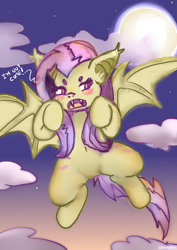 Size: 620x877 | Tagged: safe, artist:anykoe, imported from derpibooru, fluttershy, bat pony, baka, bat ears, bat ponified, bat wings, blushing, cloud, colored sketch, cute, fangs, female, flutterbat, flying, moon, open mouth, pink hair, race swap, shy, shyabetes, sketch, sky, solo, talking, talking to viewer, text, wings, yellow skin