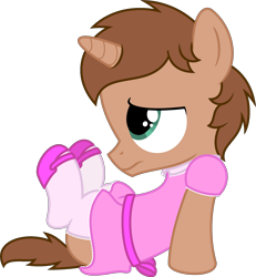 Size: 2296x2487 | Tagged: safe, artist:peternators, imported from derpibooru, oc, oc only, oc:heroic armour, pony, unicorn, clothes, colt, crossdressing, dress, femboy, foal, horn, male, mary janes, shoes, shy, simple background, socks, solo, thigh highs, transparent background
