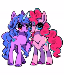 Size: 1750x2048 | Tagged: safe, artist:stacy_165cut, imported from derpibooru, izzy moonbow, pinkie pie, earth pony, pony, unicorn, big eyes, blue eyes, blue mane, blue tail, colored hooves, colored horn, curly mane, curly tail, duo, duo female, female, g5, horn, izzy and her heroine, long legs, long mane, long tail, looking back, mare, open mouth, open smile, pink coat, pink eyes, pink mane, pink tail, purple coat, simple background, smiling, sparkly eyes, standing, starry eyes, tail, touching hooves, unicorn horn, unshorn fetlocks, white background, wingding eyes