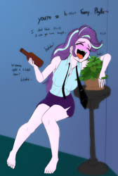 Size: 2100x3120 | Tagged: safe, artist:pshyzomancer, color edit, edit, imported from derpibooru, phyllis, starlight glimmer, human, equestria girls, barefoot, bottle, cargo ship, clothes, colored, dialogue, drunk, feet, female, flirting, go home you're drunk, humanized, missing shoes, necktie, open mouth, phylliglimmer, potted plant, shipping, skirt, solo, table, text, volumetric mouth
