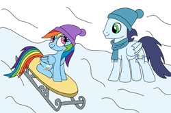 Size: 1090x720 | Tagged: safe, artist:dasher666, imported from derpibooru, rainbow dash, soarin', pegasus, pony, female, male, mare, shipping, snow, soarindash, stallion, straight, winter clothes