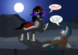 Size: 1600x1134 | Tagged: safe, artist:aleximusprime, imported from derpibooru, king sombra, stygian, pony, unicorn, commission, duo, headcanon, horn, i am your father, looking at each other, looking at someone, male, moon, night, open mouth, raised hoof, smiling, sombra eyes, speech bubble, stallion, star wars, text