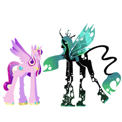 Size: 2048x2048 | Tagged: safe, imported from derpibooru, princess cadance, queen chrysalis, changeling, pony, a canterlot wedding, black coat, female, green eyes, lesbian, lineless, long legs, pink coat, princess, ship, shipping, simple background, white background