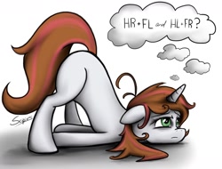 Size: 1730x1316 | Tagged: source needed, safe, artist:scipius, imported from twibooru, oc, oc only, oc:rosy stripes, pony, unicorn, face down ass up, female, floppy ears, image, implied transformation, mare, needs more jpeg, signature, simple background, thinking, thought bubble, tired, white background