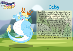 Size: 3014x2102 | Tagged: safe, artist:aleximusprime, imported from derpibooru, oc, oc only, oc:daisy the dragon, dragon, eastern dragon, fanfic:my little sister is a dragon, antlers, biography, chubby, curly hair, cute, dragoness, fat, female, one eye closed, plump, poofy mane, story included, wink