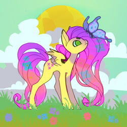 Size: 851x851 | Tagged: safe, artist:cutesykill, artist:kkillpony, imported from derpibooru, fluttershy, butterfly, pegasus, pony, alternate eye color, beanbrows, big ears, blue sclera, cloud, colored eyebrows, colored pinnae, colored sclera, colored wings, colored wingtips, concave belly, day, eyebrows, female, flower, gradient mane, gradient tail, grass, green eyes, long legs, long mane, long tail, looking at something, mare, nature, outdoors, partially open wings, pink mane, pink tail, profile, slender, small wings, solo, standing, sun, tail, tall, tallershy, thin, two toned wings, wavy mane, wavy tail, wings, yellow coat