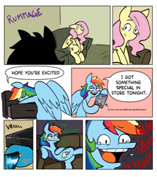 Size: 898x1013 | Tagged: safe, artist:balileart, imported from derpibooru, fluttershy, rainbow dash, pegasus, pony, comic, couch, dialogue, duo, dvd, female, hoof hold, laughing, mare, movie night, sitting, speech bubble, spread legs, spreading, teary eyes, the cat in the hat