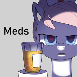 Size: 800x800 | Tagged: safe, imported from derpibooru, part of a set, nurse redheart, earth pony, pony, blue eyes, colored pinnae, female, frown, gray background, hat, hoof hold, looking at you, mare, medicine, nurse hat, pills, red pupils, shadow, simple background, solo, text, wingding eyes