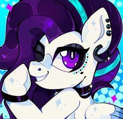 Size: 2048x1980 | Tagged: safe, artist:infinithiez, imported from derpibooru, oc, oc only, oc:cussie drop, pegasus, pony, bust, choker, colored hooves, colored pinnae, colored wings, colored wingtips, commission, ear piercing, earring, eyeshadow, facial markings, female, folded wings, heart, human shoulders, icon, jewelry, looking away, makeup, mare, multicolored mane, one eye closed, patterned background, pegasus oc, piercing, portrait, profile picture, purple eyes, purple mane, raised hoof, smiling, solo, sparkles, sparkly coat, two toned wings, unshorn fetlocks, white coat, wingding eyes, wings, wink