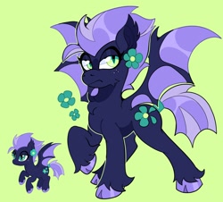 Size: 2048x1848 | Tagged: safe, artist:infinithiez, imported from derpibooru, oc, oc only, oc:navy petal, bat pony, pony, bat pony oc, bat wings, blue coat, cheek fluff, chest fluff, cloven hooves, coat markings, colored ear fluff, colored pinnae, colored wings, duality, ear fluff, facial markings, female, flower, flower on ear, freckles, frown, green background, green eyes, lidded eyes, lime background, mare, narrowed eyes, navy coat, purple mane, purple tail, raised hoof, simple background, slit pupils, snip (coat marking), solo, spread wings, standing, tail, thick eyelashes, tied tail, two toned mane, two toned tail, two toned wings, unshorn fetlocks, wingding eyes, wings