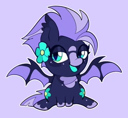 Size: 1816x1680 | Tagged: safe, artist:infinithiez, imported from derpibooru, oc, oc only, oc:navy petal, bat pony, pony, bat pony oc, bat wings, blaze (coat marking), blue coat, blue tongue, blushing, chibi, coat markings, colored eartips, colored muzzle, colored tongue, colored wings, ear tufts, facial markings, female, flower, flower on ear, freckles, lidded eyes, looking away, mare, navy coat, open mouth, open smile, purple background, purple mane, purple tail, simple background, sitting, slit pupils, smiling, socks (coat markings), solo, spread wings, strip (coat marking), tail, teal eyes, thick eyelashes, two toned mane, two toned tail, two toned wings, wingding eyes, wings