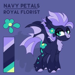 Size: 2000x2000 | Tagged: safe, artist:infinithiez, imported from derpibooru, oc, oc only, oc:navy petal, bat pony, pony, bat pony oc, bat wings, big ears, chest fluff, coat markings, color palette, colored eartips, colored hooves, colored wings, ear fluff, female, flower, flower on ear, freckles, leg fluff, lidded eyes, looking at you, mare, purple background, purple mane, purple tail, reference sheet, simple background, slit pupils, smiling, smiling at you, socks (coat markings), solo, spread wings, standing, tail, teal eyes, text, thick eyelashes, tied tail, two toned mane, two toned tail, two toned wings, wingding eyes, wings