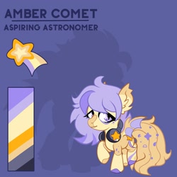 Size: 2000x2000 | Tagged: safe, artist:infinithiez, imported from derpibooru, oc, oc only, oc:amber comet, bat pony, pony, bags under eyes, bat pony oc, bat wings, big eyes, big tail, blaze (coat marking), coat markings, color palette, colored eartips, colored hooves, colored muzzle, colored wings, ear fluff, ear tufts, facial markings, female, filly, foal, freckles, headphones, hooves, lidded eyes, long hair, long tail, looking away, multicolored hooves, purple background, purple eyes, purple text, raised hoof, reference sheet, simple background, slit pupils, smiling, socks (coat markings), solo, sparkly tail, spread wings, standing, tail, text, thick eyelashes, two toned tail, two toned wings, wingding eyes, wings, yellow coat, yellow tail