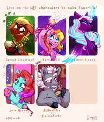 Size: 2705x3156 | Tagged: safe, artist:soniana_draws, imported from derpibooru, opaline arcana, rarity (g3), sprout cloverleaf, alicorn, earth pony, pony, unicorn, six fanarts, alphabittle blossomforth, angry, female, g3, g5, horn, jazz hooves, male, mare, open mouth, open smile, smiling, stallion