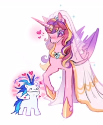 Size: 2304x2806 | Tagged: safe, artist:madisockz, imported from derpibooru, princess cadance, alicorn, pony, unicorn, blushing, clothes, dishevelled, dress, heart, horn, meme, size difference, smiling, the bride and the ugly ass groom, toy interpretation, wedding dress