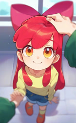 Size: 640x1024 | Tagged: safe, editor:sammykun, imported from derpibooru, apple bloom, human, adorabloom, ai content, ai generated, anime style, blurry background, bow, child, clothes, cute, denim, denim shorts, female, generator:pony diffusion v6 xl, generator:purplesmart.ai, generator:stable diffusion, hair bow, head pat, humanized, long hair, long sleeved shirt, long sleeves, looking at you, offscreen character, overhead view, pants, pat, pov, prompter:sammykun, shirt, shoes, shorts, smiling, smiling at you, smol