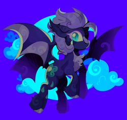 Size: 2048x1930 | Tagged: safe, artist:infinithiez, imported from derpibooru, oc, oc only, oc:navy petal, bat pony, pony, bat pony oc, bat wings, big ears, big eyes, blaze (coat marking), blue coat, chest fluff, cloud, coat markings, colored eartips, colored eyelashes, colored hooves, colored wings, ear tufts, facial markings, female, fetlock tuft, flying, in air, looking back, mare, navy coat, night, purple mane, purple tail, shiny hoof, sky background, slit pupils, solo, spread wings, swirls, tail, teal eyes, teardrop, thick eyelashes, two toned mane, two toned wings, wingding eyes, wings