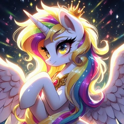 Size: 1024x1024 | Tagged: prompter needed, safe, imported from derpibooru, oc, oc only, oc:mango rose, alicorn, pony, ai content, ai generated, multicolored hair, rainbow hair, solo