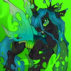 Size: 2037x2048 | Tagged: safe, artist:infinithiez, imported from derpibooru, queen chrysalis, changeling, changeling queen, pony, big eyes, big horn, black coat, blush sticker, blushing, carapace, changeling horn, cheek fluff, colored eartips, colored horn, colored mouth, crown, ear piercing, earring, fangs, female, fire, gills, green eyes, green sclera, horn, insect wings, jewelry, long mane, long tail, mare, patterned background, piercing, regalia, sharp teeth, signature, smiling, solo, spread wings, tail, teal mane, teal tail, teeth, thick eyelashes, tiara, torn ear, torn wings, wingding eyes, wings