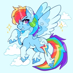 Size: 1904x1920 | Tagged: safe, artist:infinithiez, imported from derpibooru, rainbow dash, pegasus, pony, alternate design, blue coat, blush sticker, blushing, cheek fluff, chest fluff, cloud, cloven hooves, coat markings, colored belly, colored ear fluff, colored hooves, colored pinnae, colored wings, colored wingtips, day, ear fluff, ear piercing, earring, eyebrow slit, eyebrows, female, flying, in air, jewelry, long tail, looking back, mare, messy mane, messy tail, multicolored hair, multicolored mane, multicolored tail, narrowed eyes, pale belly, piercing, pink eyes, profile, rainbow hair, rainbow tail, redesign, shiny hoof, sky background, smiling, socks (coat markings), solo, spread wings, tail, thick eyelashes, twitterina design, two toned wings, unshorn fetlocks, wingding eyes, wings