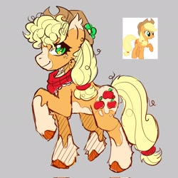 Size: 2048x2048 | Tagged: safe, artist:infinithiez, imported from derpibooru, applejack, earth pony, pony, alternate color palette, alternate design, applejack's hat, bandana, big ears, blonde mane, blonde tail, coat markings, colored belly, colored eartips, colored hooves, colored sketch, cowboy hat, duality, ear fluff, ear tufts, facial markings, female, fetlock tuft, flower, freckles, gray background, green eyes, hat, looking back, mare, mealy mouth (coat marking), messy mane, messy tail, orange coat, pale belly, ponytail, raised hoof, redesign, simple background, sketch, smiling, socks (coat markings), solo, splotches, standing, tail, thick eyelashes, tied mane, tied tail, twitterina design, wingding eyes, yellow mane, yellow tail